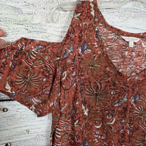 Lucky Brand Rust Floral Cold Shoulder Top S - Picture 2 of 7